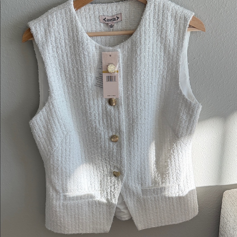 Nanette Lepore White Tweed Vest with Gold Buttons